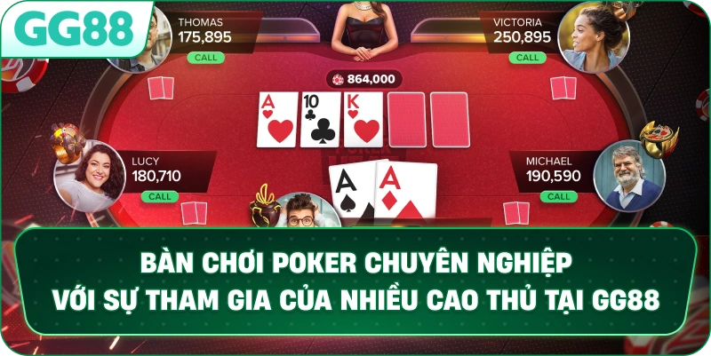 Bàn chơi Poker chuyên nghiệp với sự tham gia của nhiều cao thủ tại GG88.