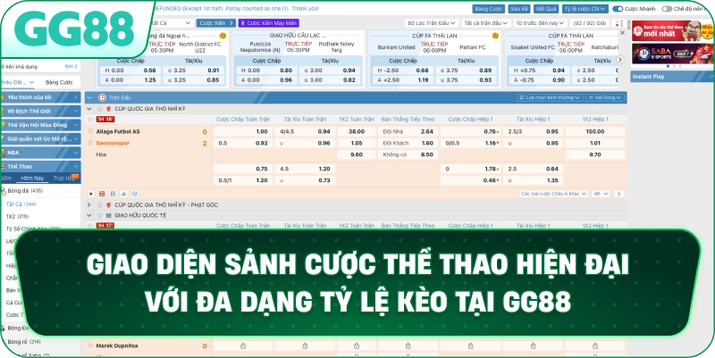 Giao diện sảnh cược THỂ THAO hiện đại với đa dạng tỷ lệ kèo tại GG88.