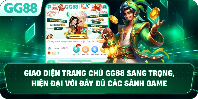 Giao diện trang chủ GG88 sang trọng, hiện đại với đầy đủ các sảnh game