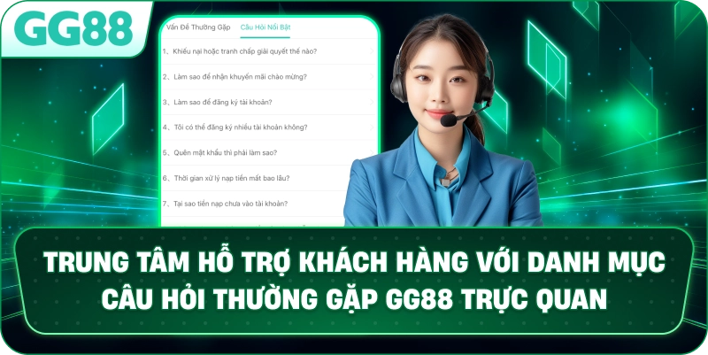 Trung tâm hỗ trợ khách hàng với danh mục câu hỏi thường gặp GG88 trực quan.